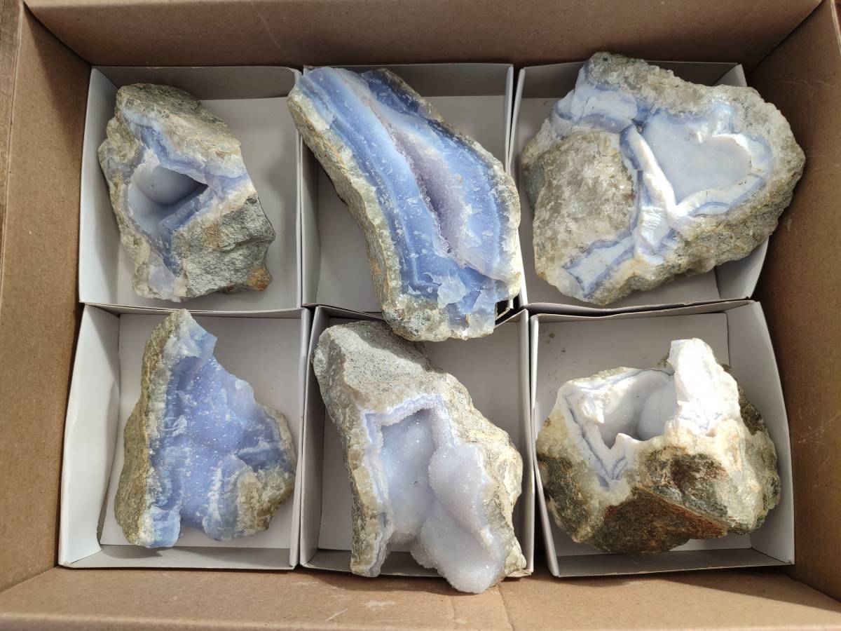 Natural Blue Lace Agate Geode Specimens x 6 From Nsanje, Malawi - Toprock Gemstones and Minerals 