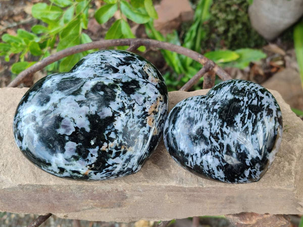 Polished Gabbro Merlinite Hearts x 2 From Ambatofinandrahana, Madagascar