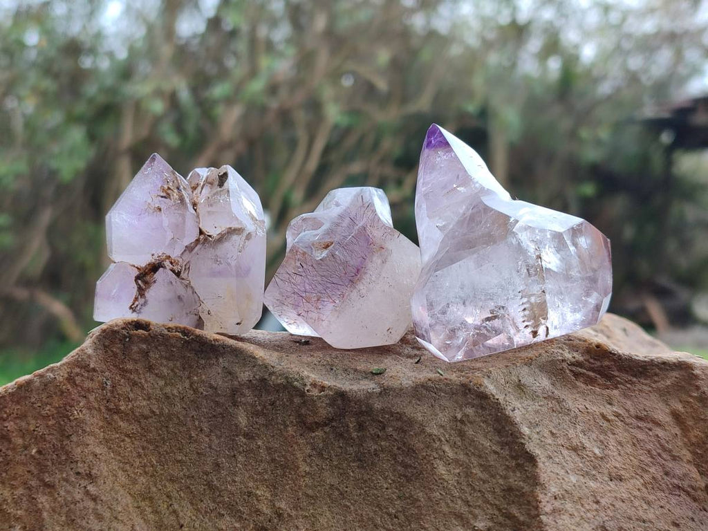 Polished Smokey Window Amethyst Quartz Crystals x 12 From Akansobe, Madagascar - Toprock Gemstones and Minerals 