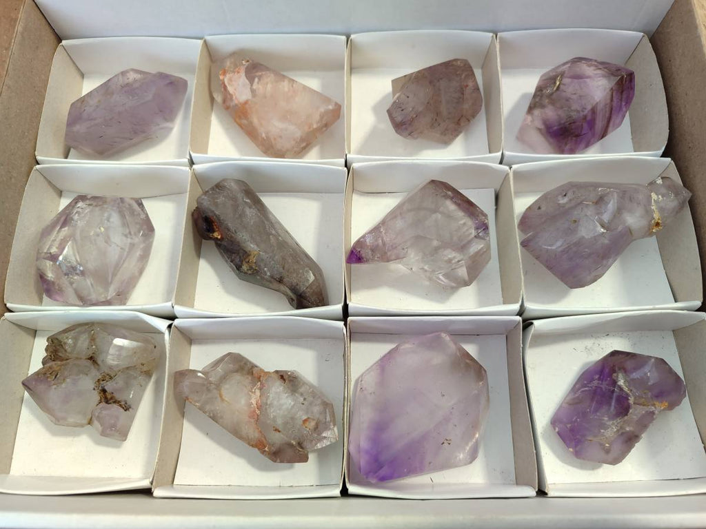 Polished Smokey Window Amethyst Quartz Crystals x 12 From Akansobe, Madagascar - Toprock Gemstones and Minerals 