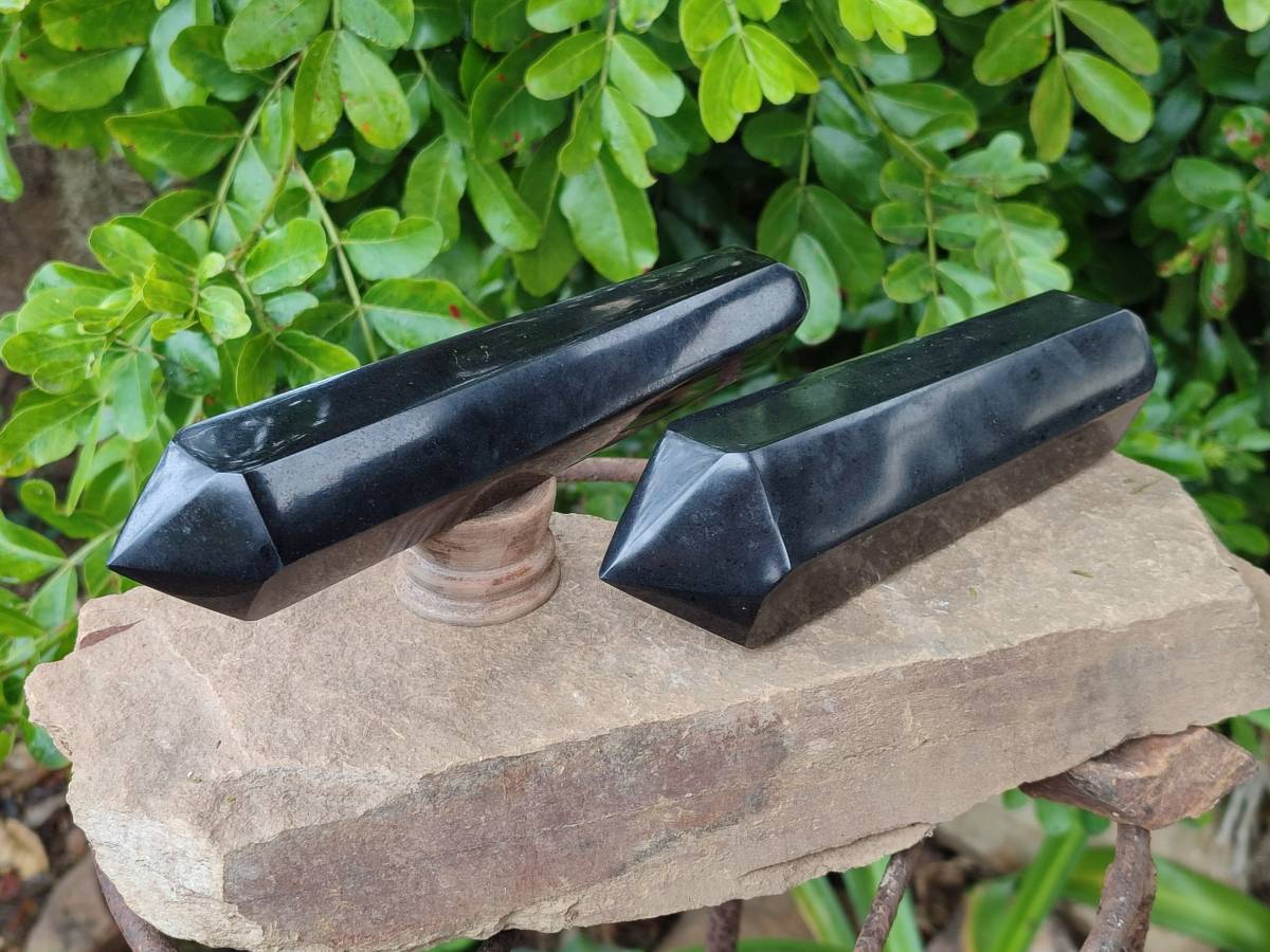 Polished Double Terminated Black Basalt Points x 2 From Madagascar - Toprock Gemstones and Minerals 