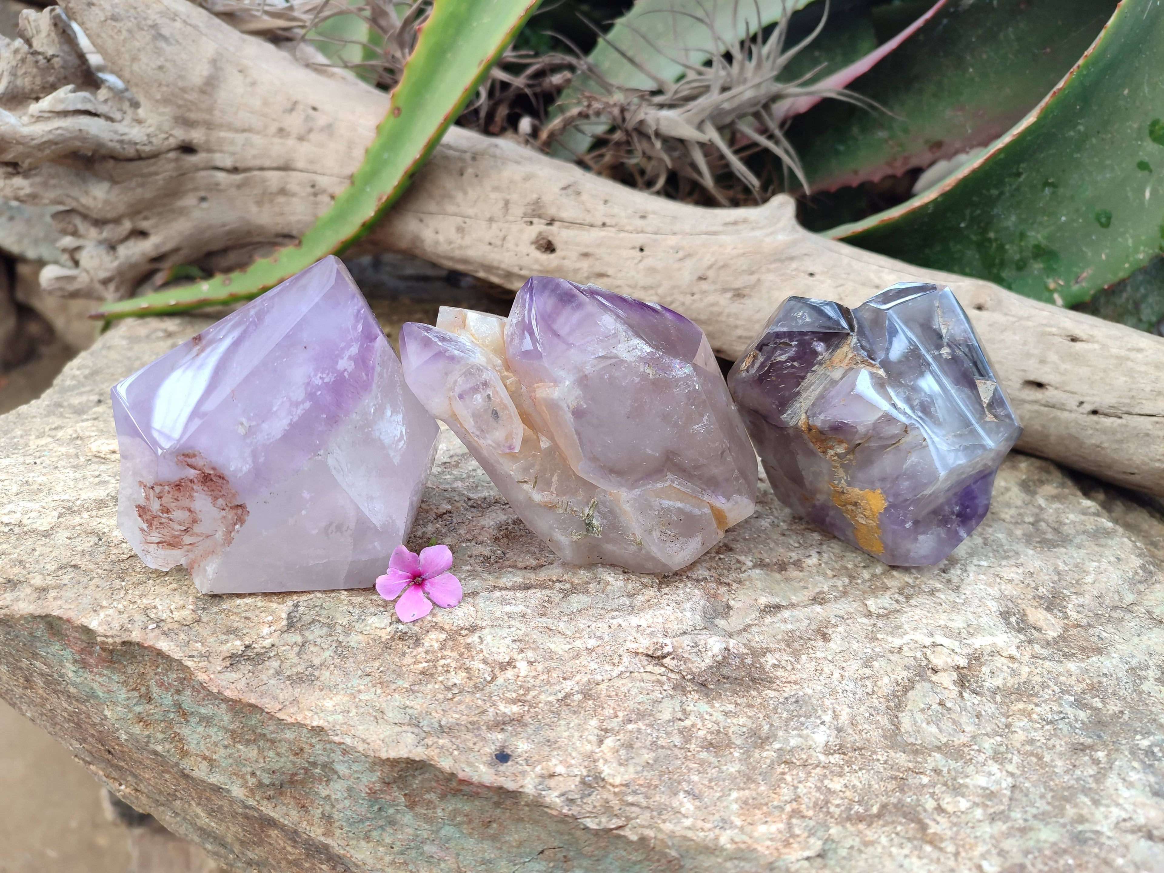 Polished Window Amethyst Quartz Crystals x 3 From Akansobe, Madagascar - Toprock Gemstones and Minerals 