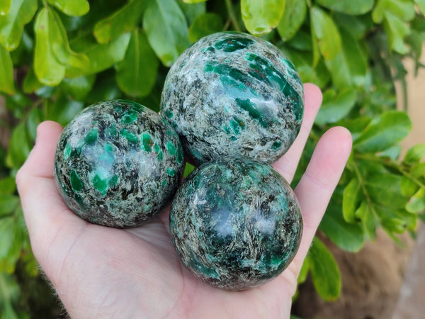 Polished Emerald Mica In Matrix 'Mutokolite' Spheres x 3 From Mutoko, Zimbabwe