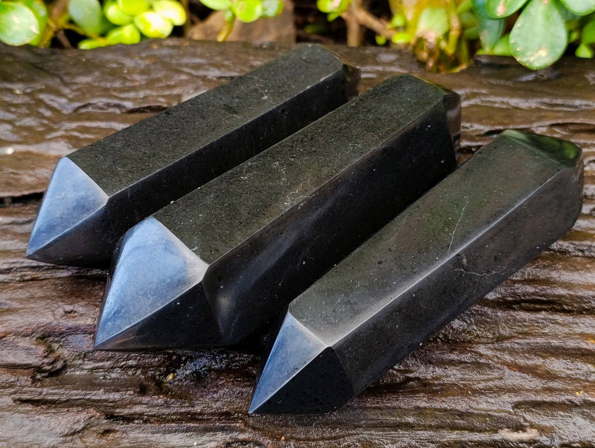 Polished Double Terminated Black Basalt Points x 3 From Madagascar - Toprock Gemstones and Minerals 