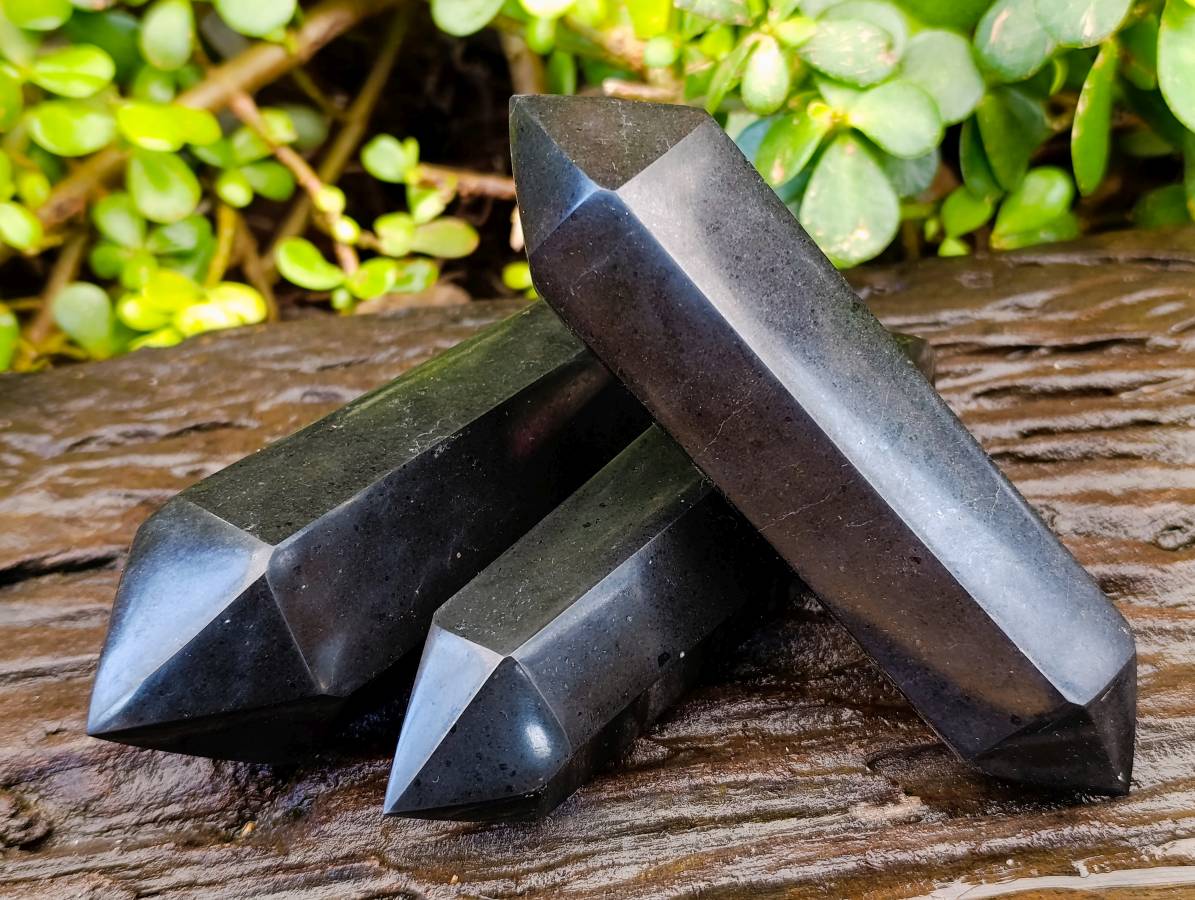 Polished Double Terminated Black Basalt Points x 3 From Madagascar - Toprock Gemstones and Minerals 