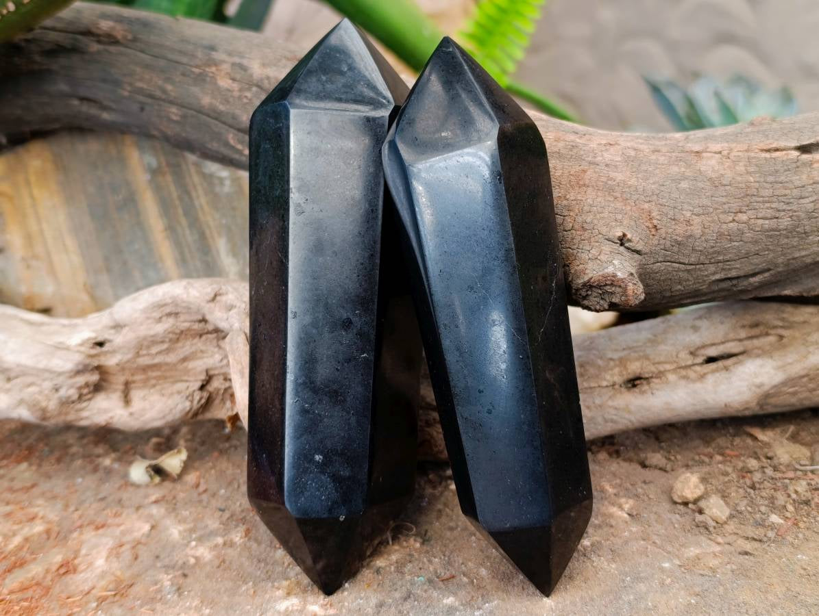 Polished Double Terminated Black Basalt Points x 3 From Madagascar - Toprock Gemstones and Minerals 