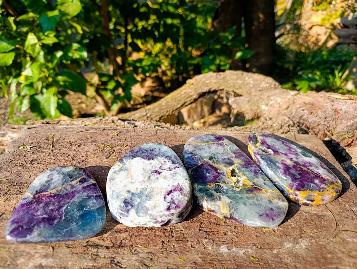 Polished Watermelon Fluorite Slices x 4 From Uis, Namibia - Toprock Gemstones and Minerals 