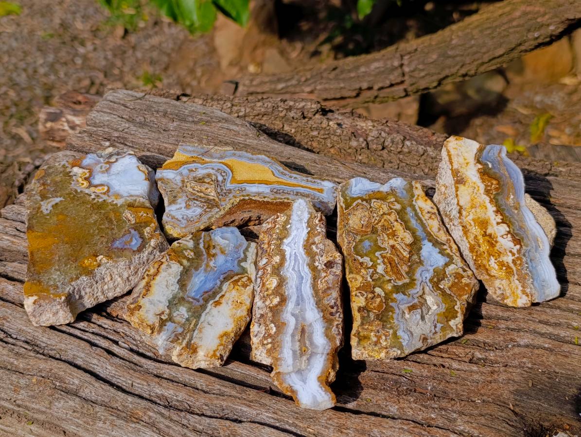Polished On One Side 'Crazy' Blue Lace Agate x 6 From Namibia - Toprock Gemstones and Minerals 