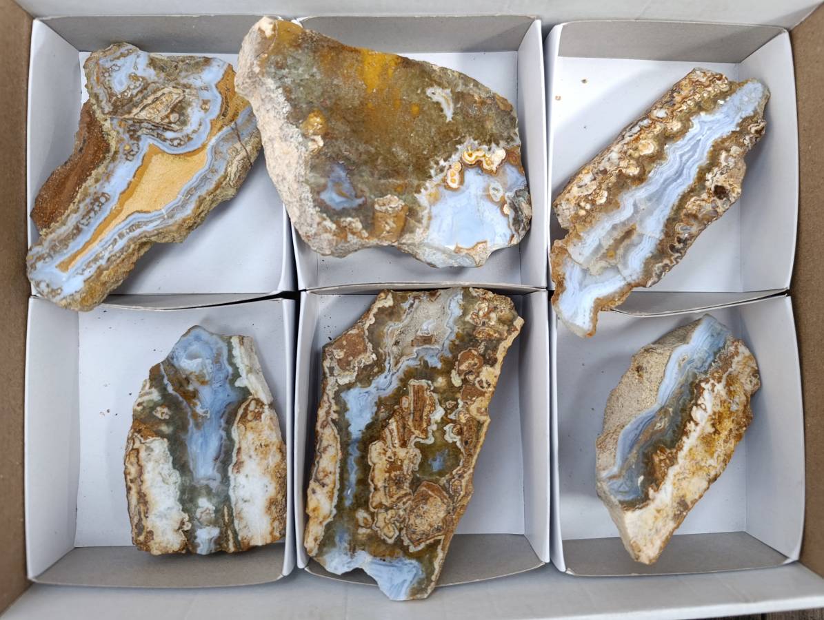 Polished On One Side 'Crazy' Blue Lace Agate x 6 From Namibia - Toprock Gemstones and Minerals 