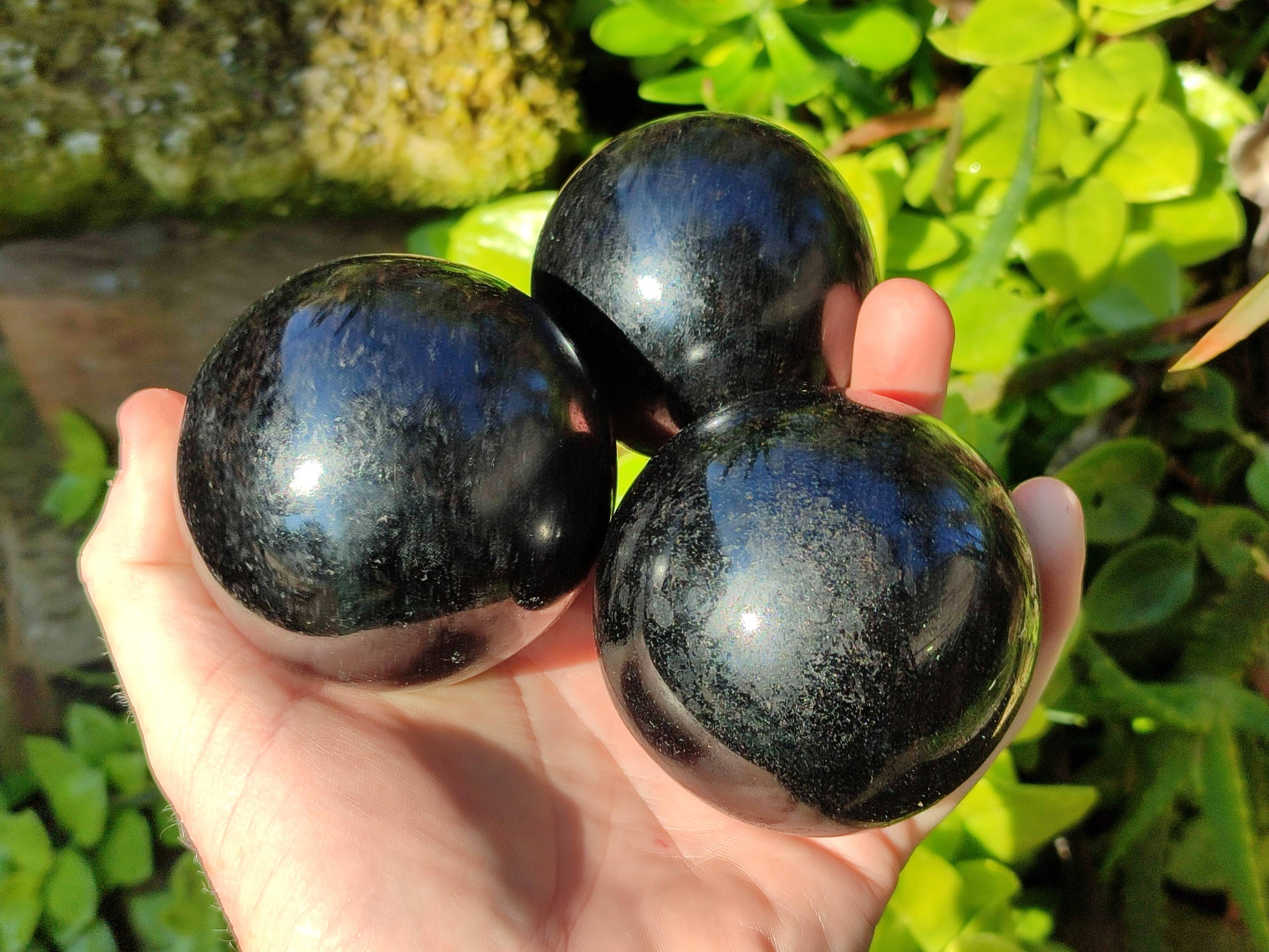 Polished Black Tourmaline Spheres x 3 From Madagascar - Toprock Gemstones and Minerals 