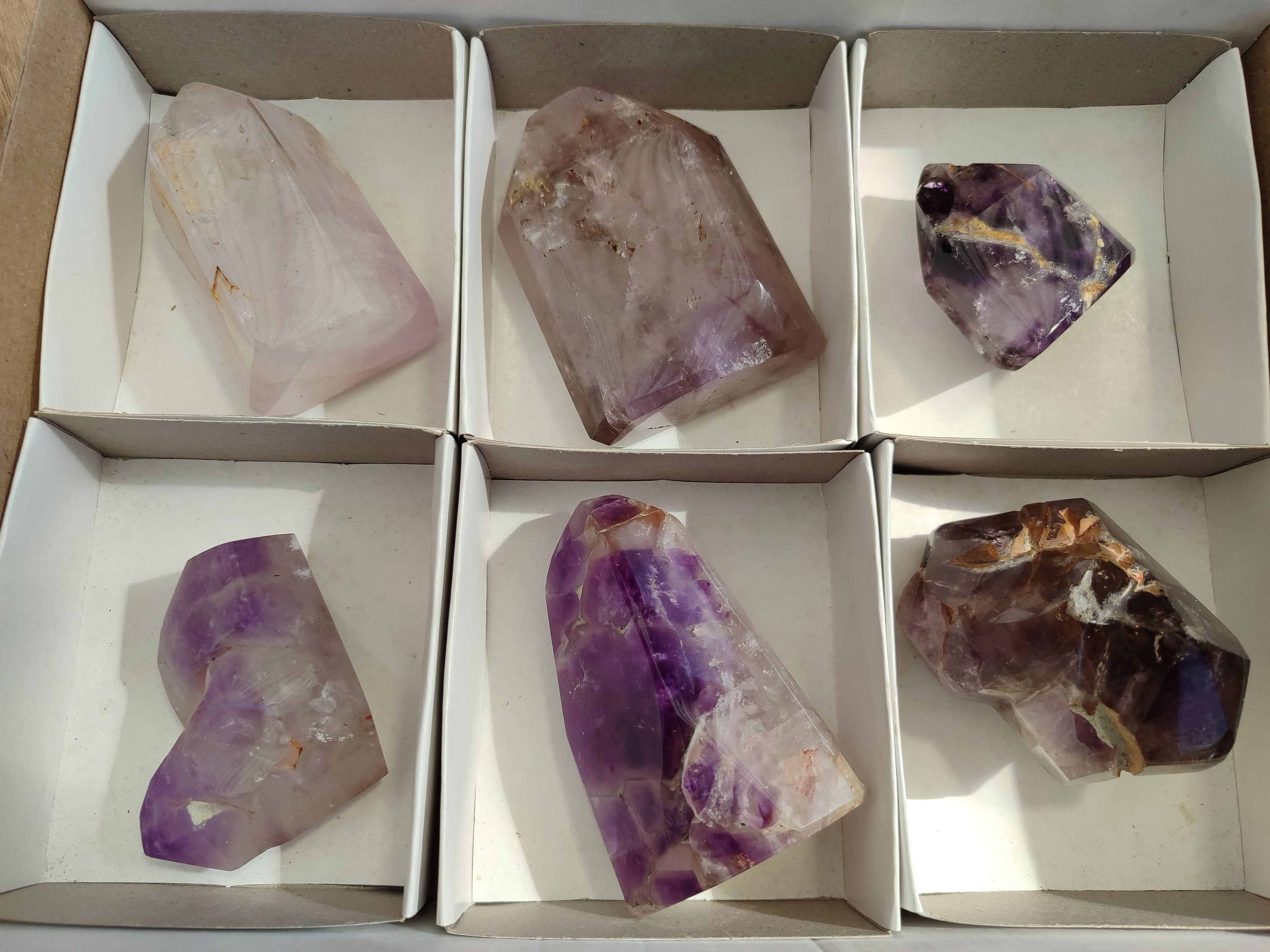Polished Smokey Window Amethyst Quartz Crystals x 6 From Akansobe, Madagascar - Toprock Gemstones and Minerals 