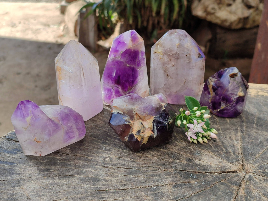Polished Smokey Window Amethyst Quartz Crystals x 6 From Akansobe, Madagascar - Toprock Gemstones and Minerals 