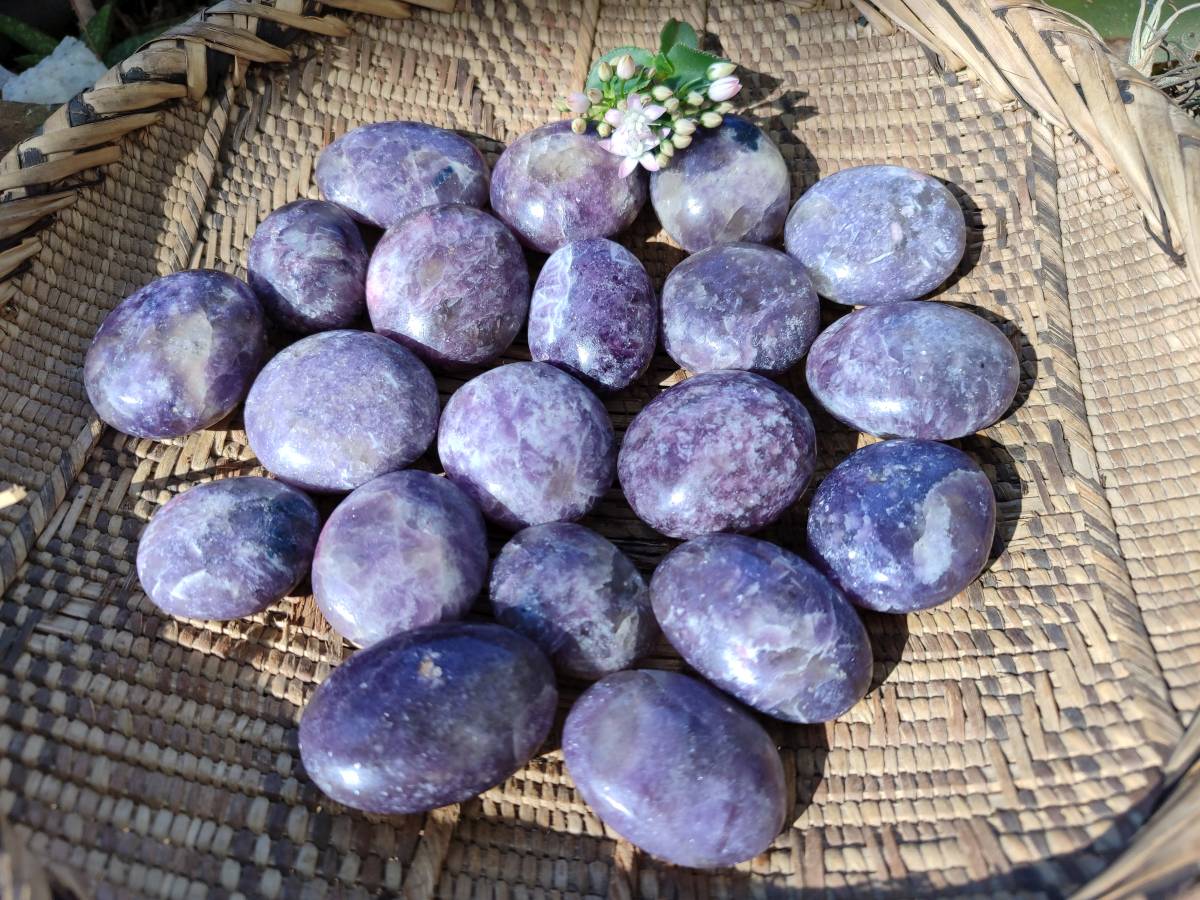 Polished Lepidolite with Pink Rubellite Palm Stones x 20 From Ambatondrazaka, Madagascar - Toprock Gemstones and Minerals 