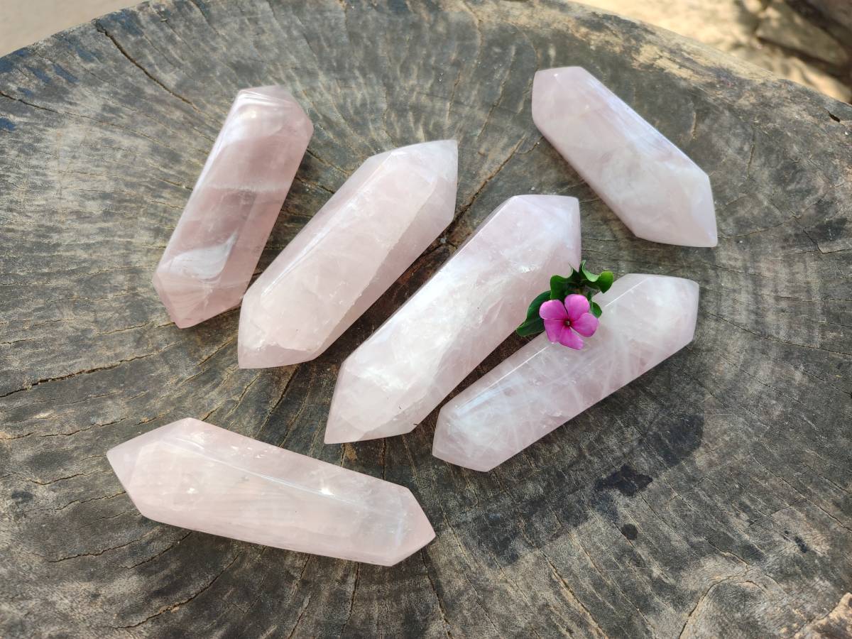 Polished Double Terminated Rose Quartz Points x 6 Madagascar - Toprock Gemstones and Minerals 