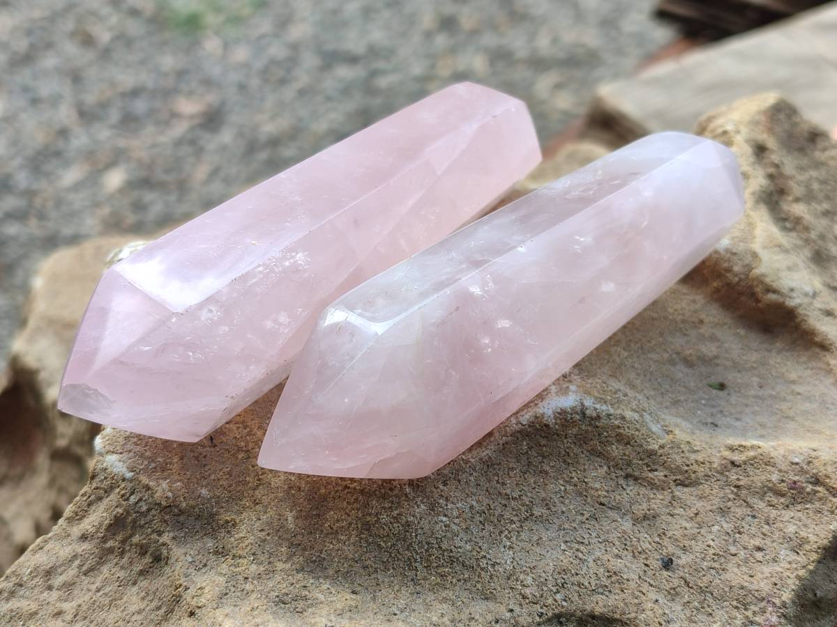 Polished Double Terminated Rose Quartz Points x 6 Madagascar - Toprock Gemstones and Minerals 