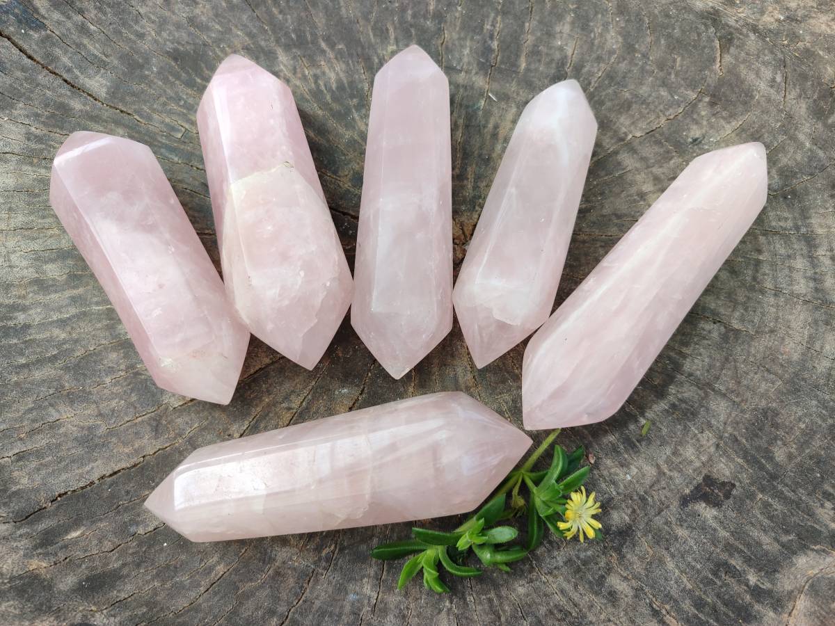 Polished Double Terminated Rose Quartz Points x 6 Madagascar - Toprock Gemstones and Minerals 