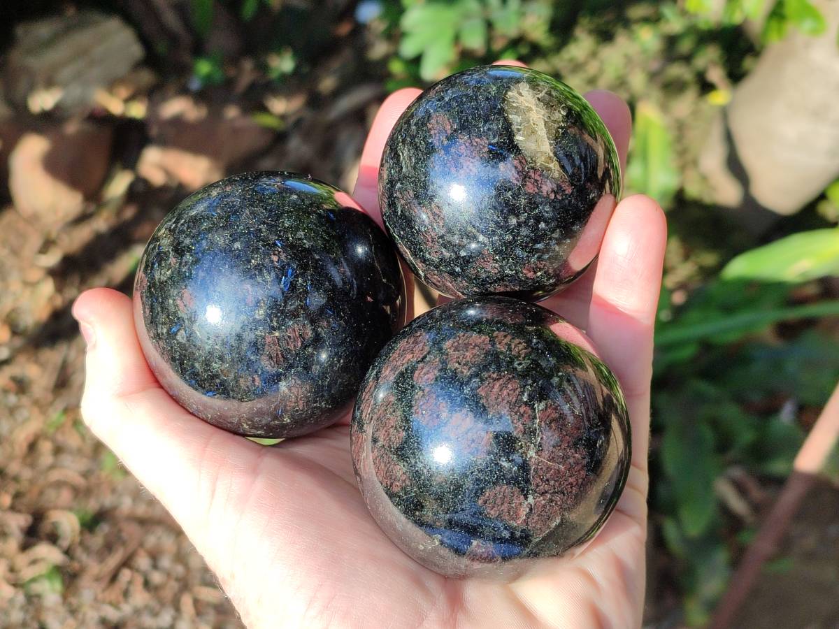 Polished Rare Blue Spark Iolite Water Sapphire Spheres x 3 From Ambatofinandrahana, Madagascar - Toprock Gemstones and Minerals 