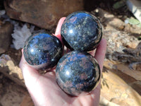 Polished Rare Blue Spark Iolite Water Sapphire Spheres x 3 From Ambatofinandrahana, Madagascar