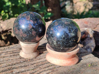Polished Rare Blue Spark Iolite Water Sapphire Spheres x 3 From Ambatofinandrahana, Madagascar