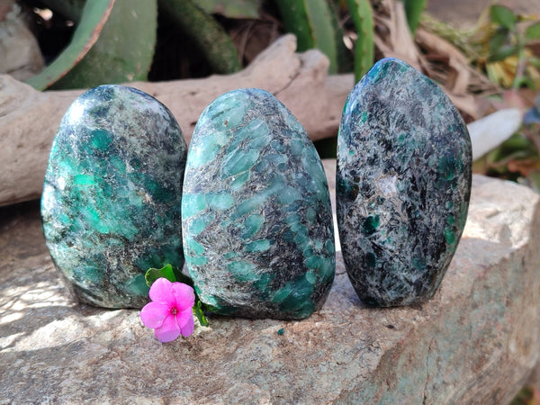 Polished Emerald Mica In Matrix 'Mutokolite' Standing Free Forms x 3 From Mutoko, Zimbabwe - Toprock Gemstones and Minerals 