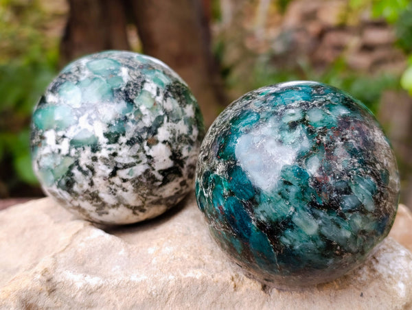 Polished Emerald Mica In Matrix 'Mutokolite' Spheres x 2 From Mutoko, Zimbabwe