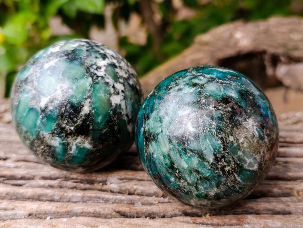 Polished Emerald Mica In Matrix 'Mutokolite' Spheres x 2 From Mutoko, Zimbabwe - Toprock Gemstones and Minerals 