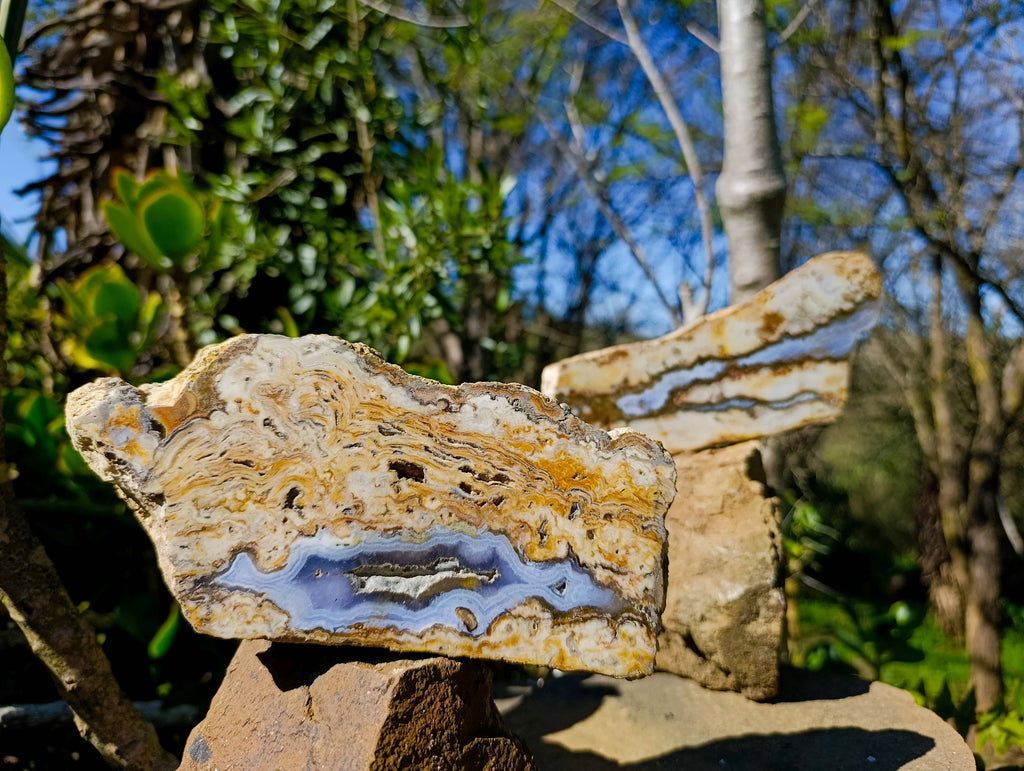 Polished On One Side 'Crazy Lace' Blue Lace Agate x 2 From Namibia - Toprock Gemstones and Minerals 