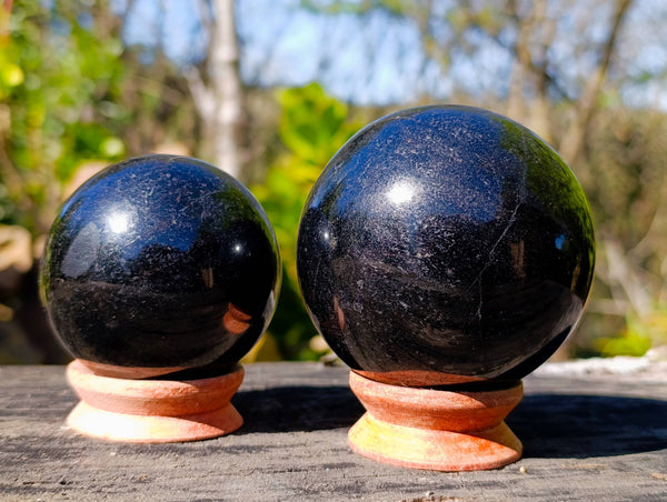 Polished Black Tourmaline Spheres x 2 From Madagascar