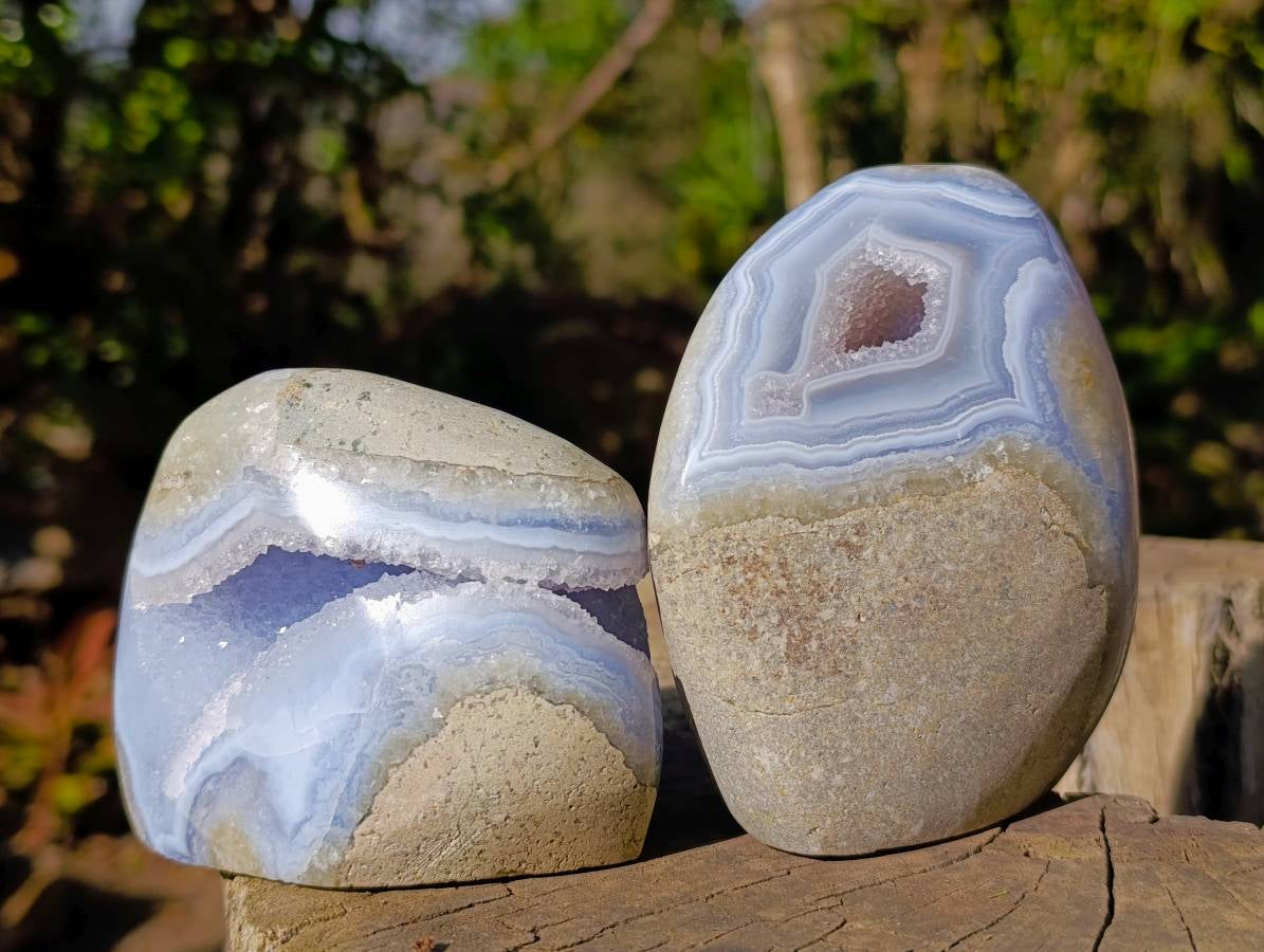 Polished Blue Lace Agate Standing Free Forms x 2 From Malawi - Toprock Gemstones and Minerals 