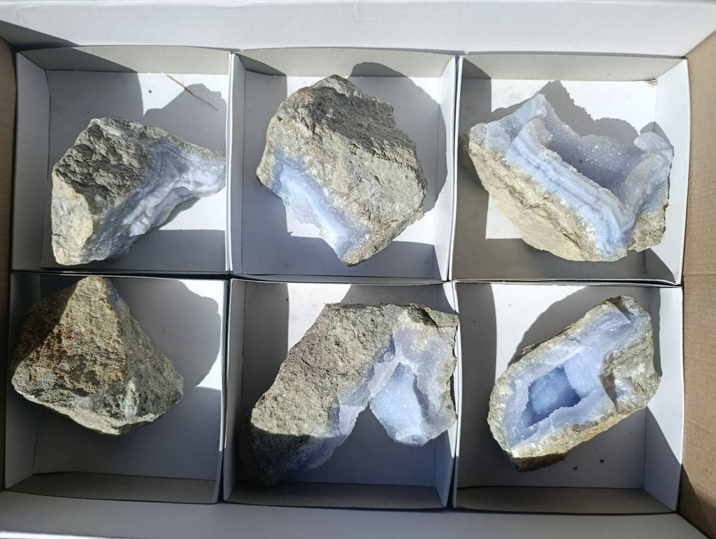 Natural Blue Lace Agate Geode Specimens x 6 From Malawi - Toprock Gemstones and Minerals 
