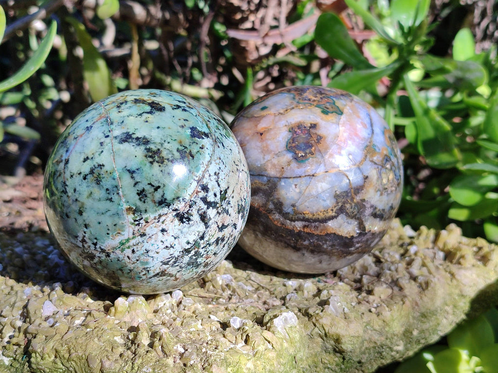 Polished Pair of Odd Balls, Banded Quartz and 'African Turquoise' Spheres x 2 From Southern Africa - Toprock Gemstones and Minerals 