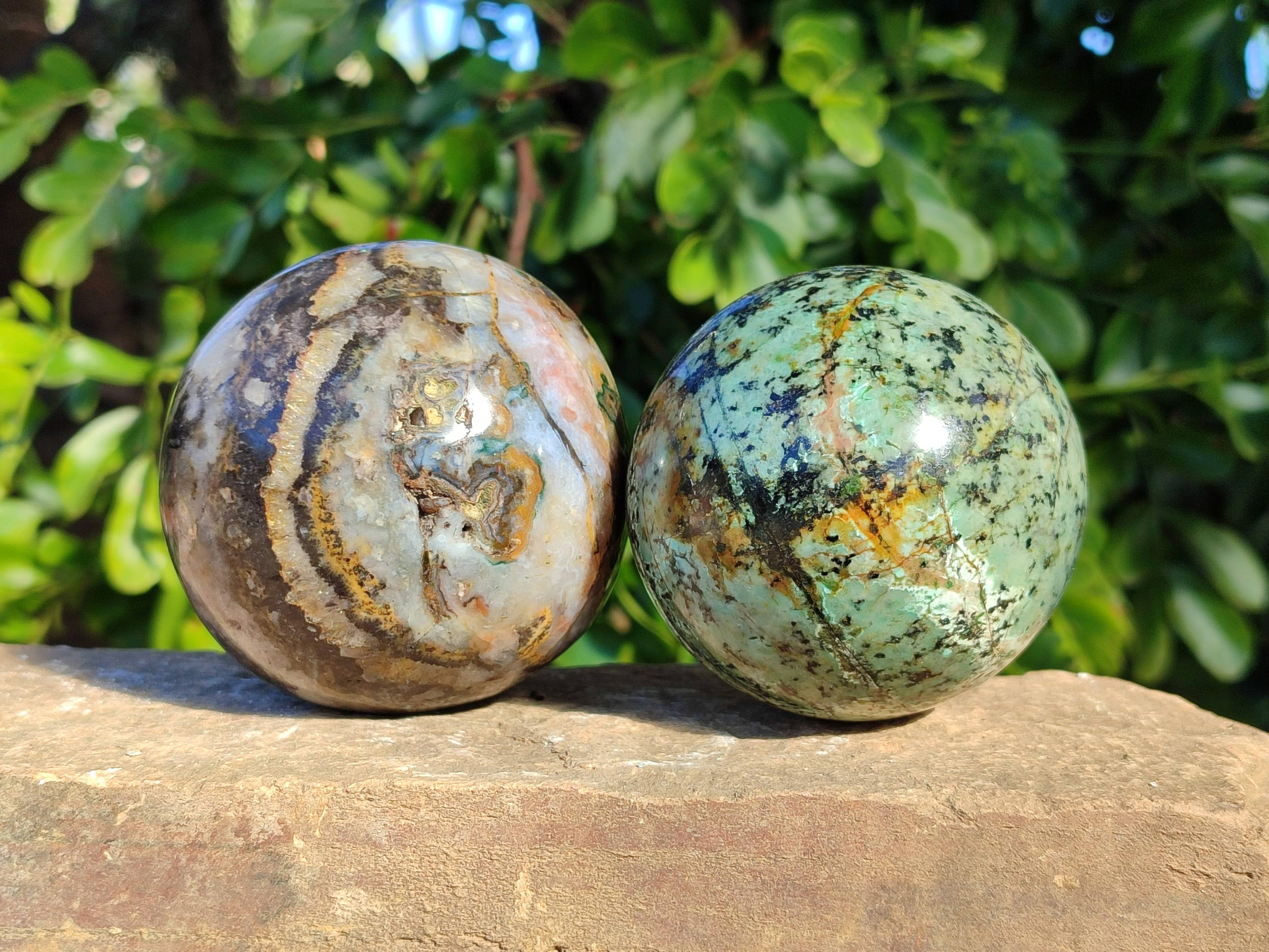 Polished Pair of Odd Balls, Banded Quartz and 'African Turquoise' Spheres x 2 From Southern Africa - Toprock Gemstones and Minerals 