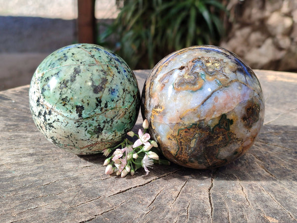 Polished Pair of Odd Balls, Banded Quartz and 'African Turquoise' Spheres x 2 From Southern Africa