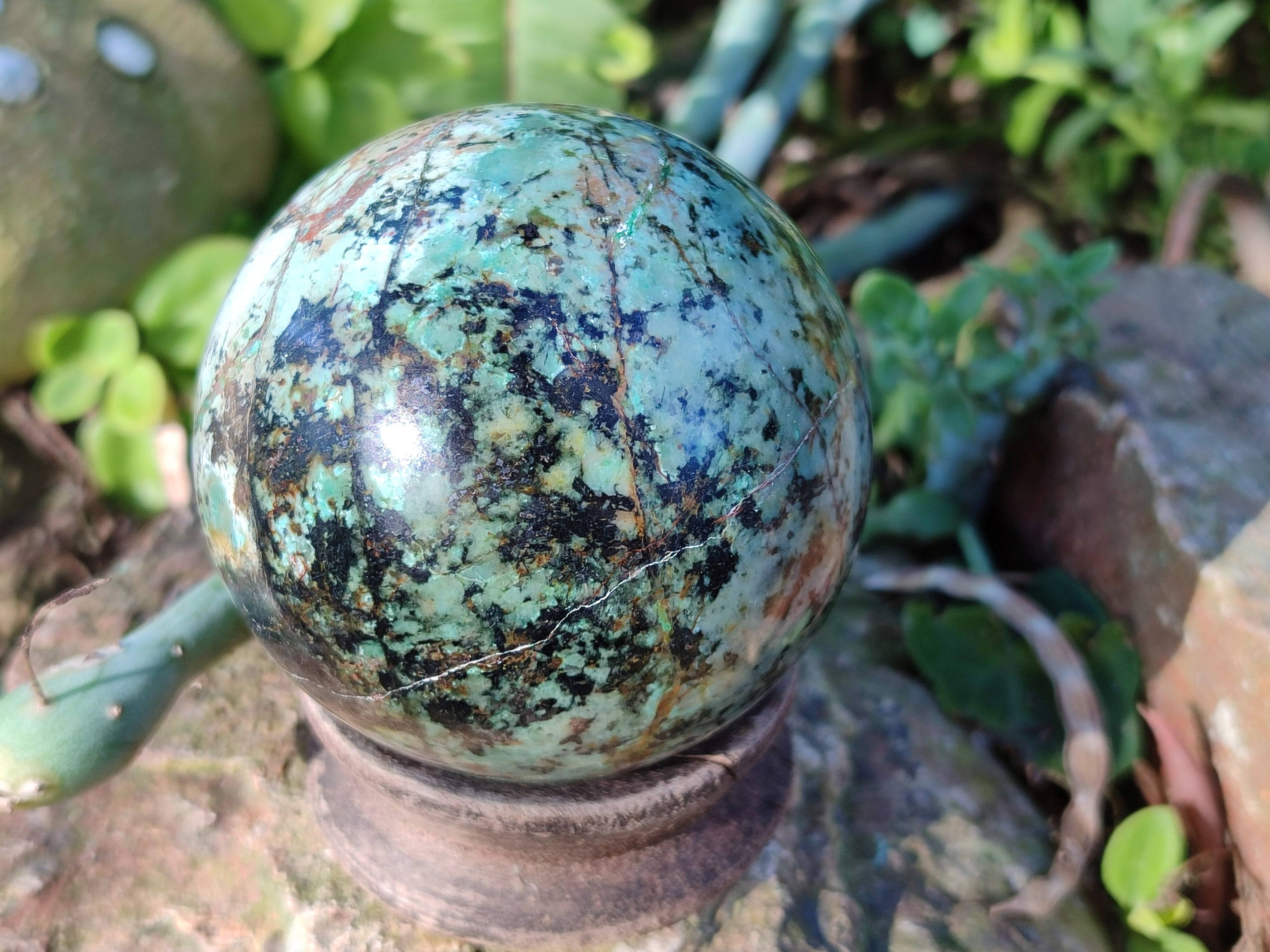 Polished Pair of Odd Balls, Banded Quartz and 'African Turquoise' Spheres x 2 From Southern Africa - Toprock Gemstones and Minerals 