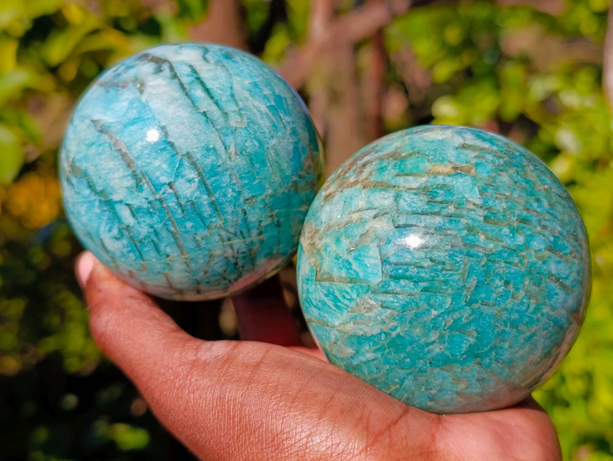 Polished Amazonite Spheres x 2 From Madagascar - Toprock Gemstones and Minerals 