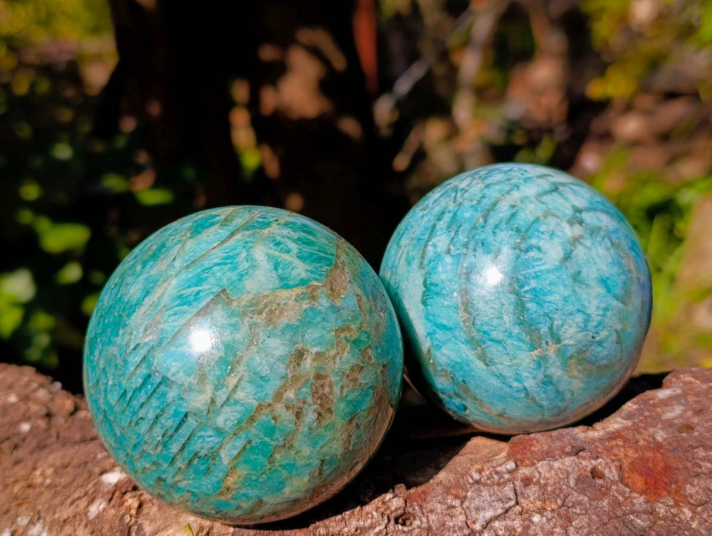 Polished Amazonite Spheres x 2 From Madagascar - Toprock Gemstones and Minerals 