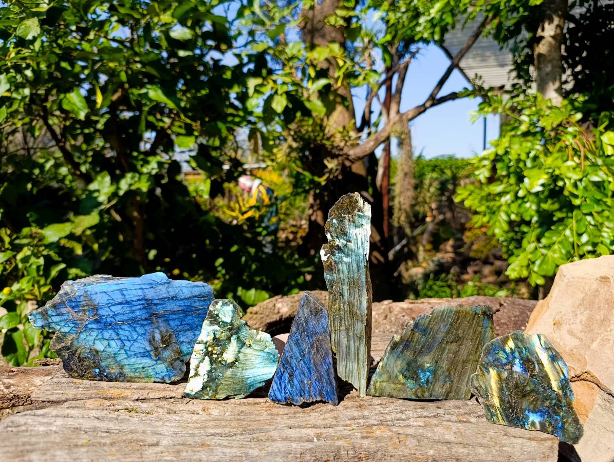 Polished On One Side Labradorite Slices x 6 From Tulear, Madagascar - Toprock Gemstones and Minerals 