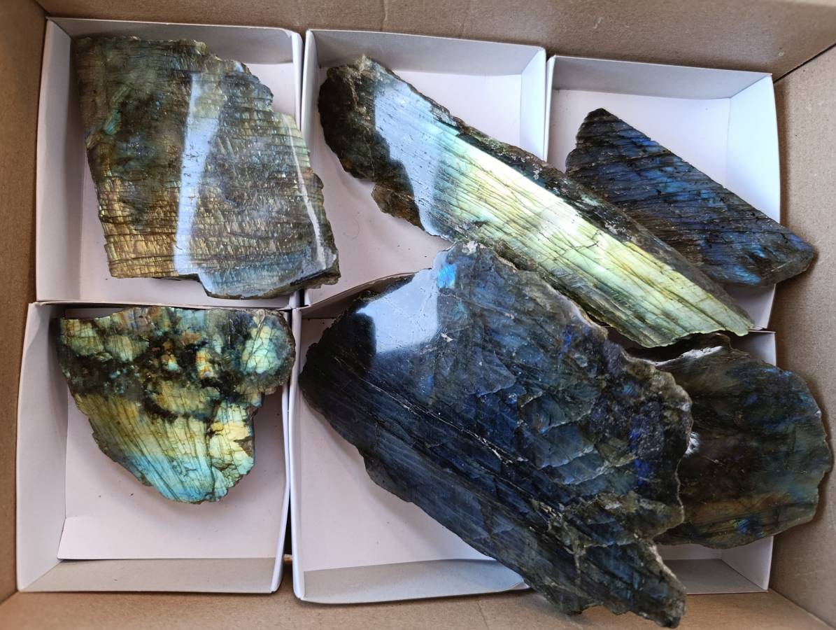 Polished On One Side Labradorite Slices x 6 From Tulear, Madagascar - Toprock Gemstones and Minerals 