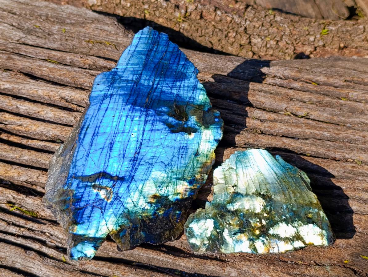 Polished On One Side Labradorite Slices x 6 From Tulear, Madagascar - Toprock Gemstones and Minerals 