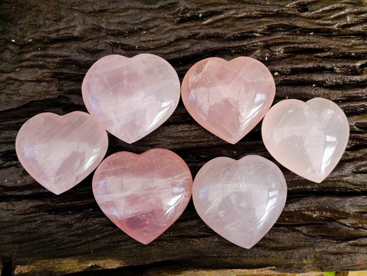 Polished Rose Quartz Hearts x 6 From Madagascar - Toprock Gemstones and Minerals 