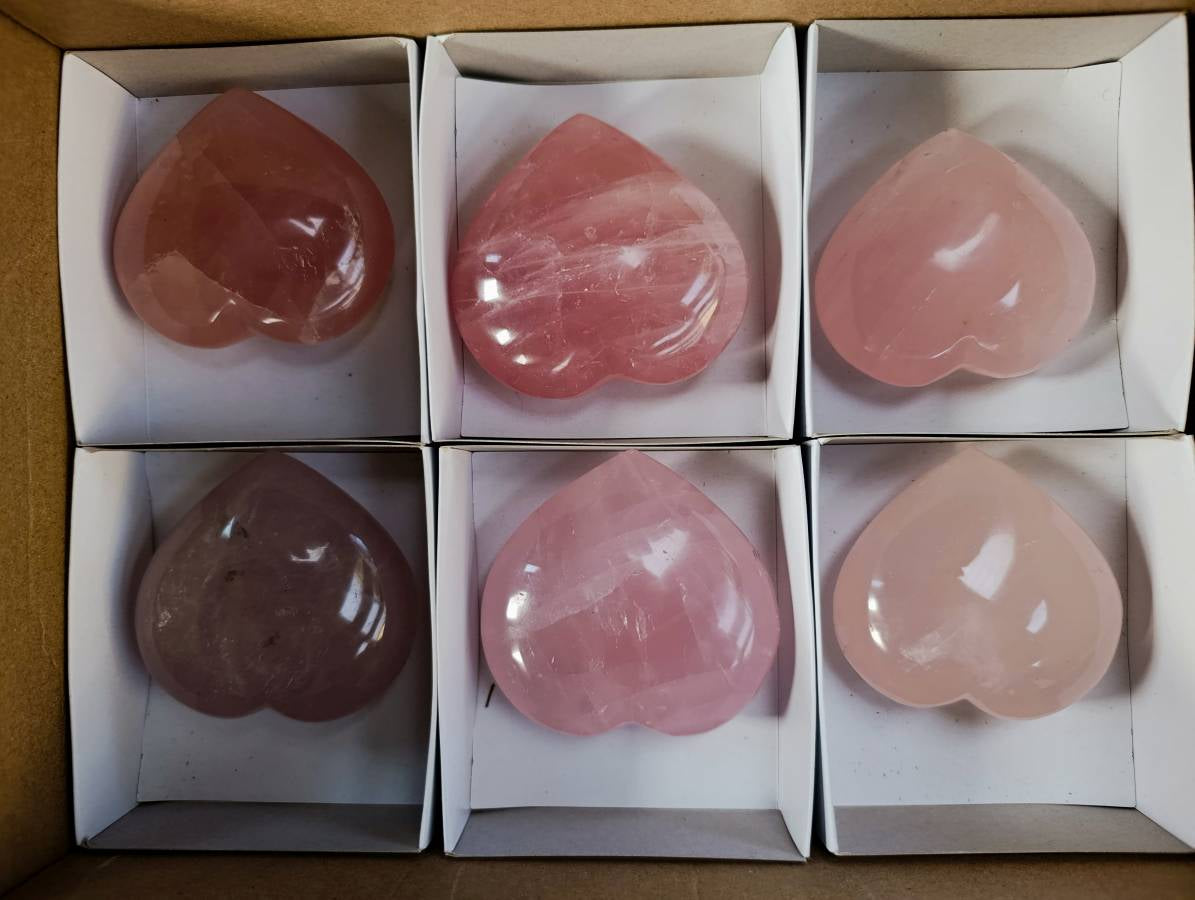 Polished Rose Quartz Hearts x 6 From Madagascar - Toprock Gemstones and Minerals 