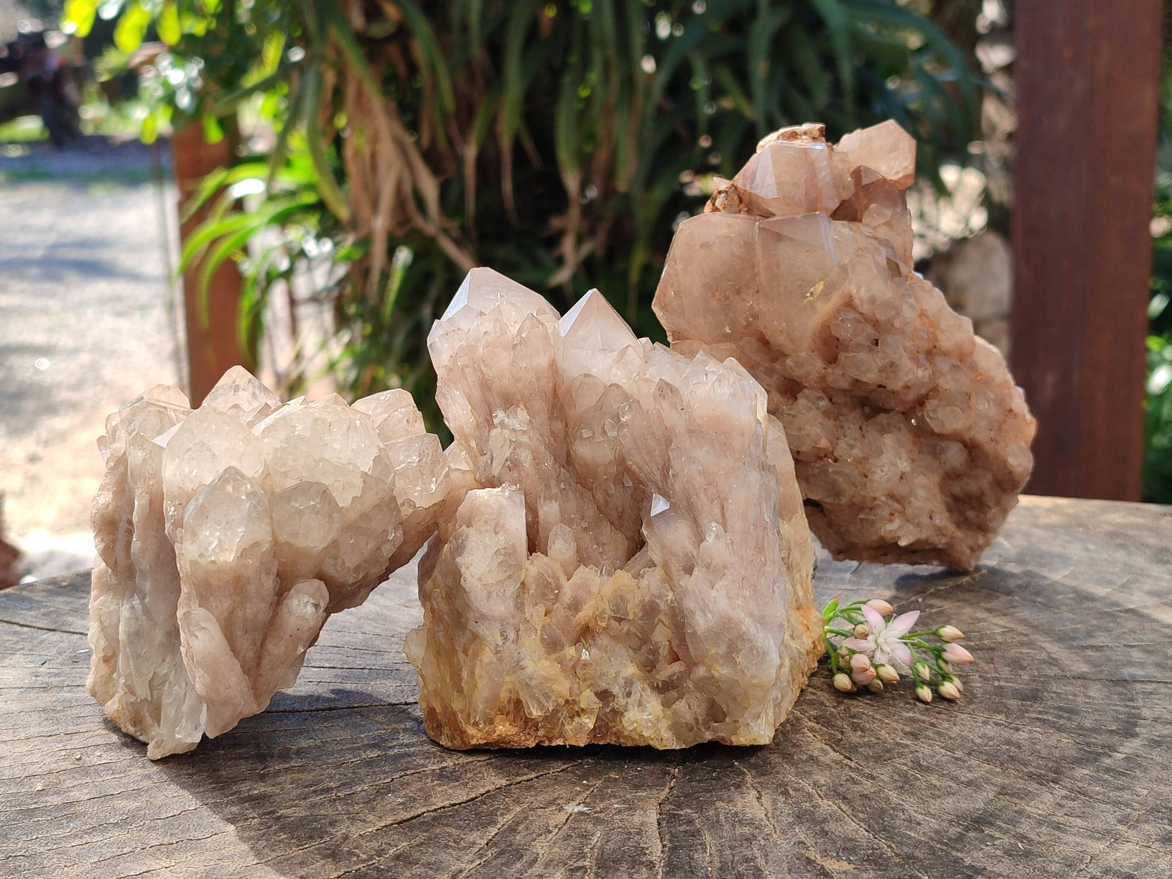 Natural Smokey Phantom Quartz Clusters x 3 From Luena, Congo - Toprock Gemstones and Minerals 