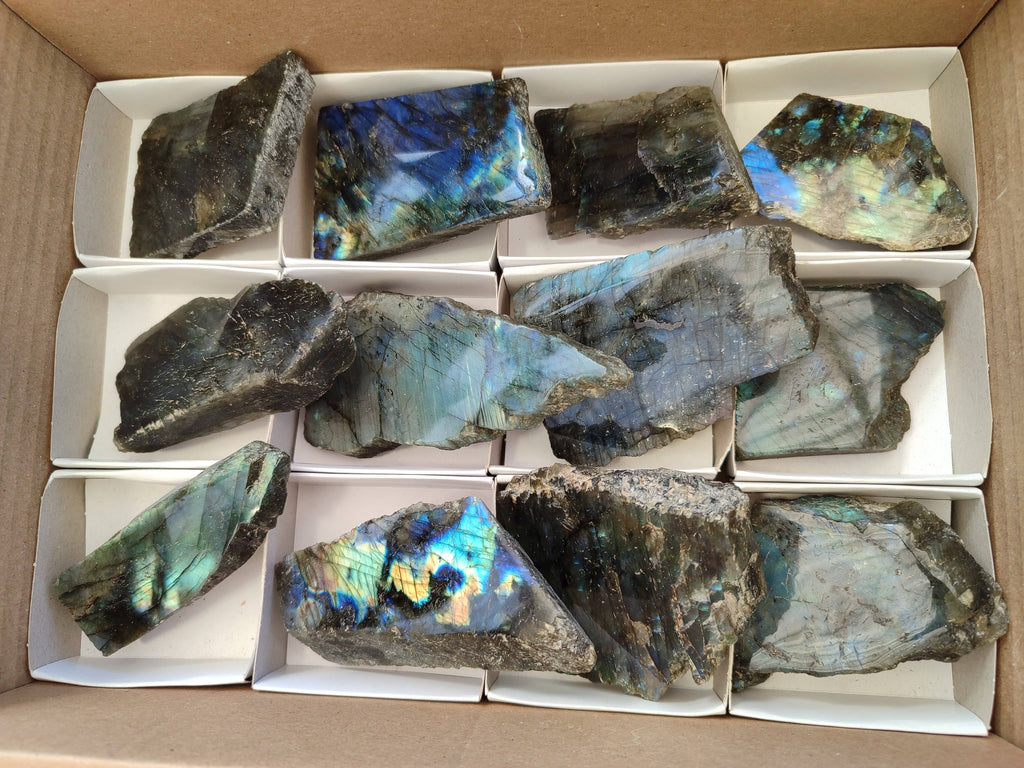 Polished On One Side Labradorite x 12 From Tulear, Madagascar - Toprock Gemstones and Minerals 