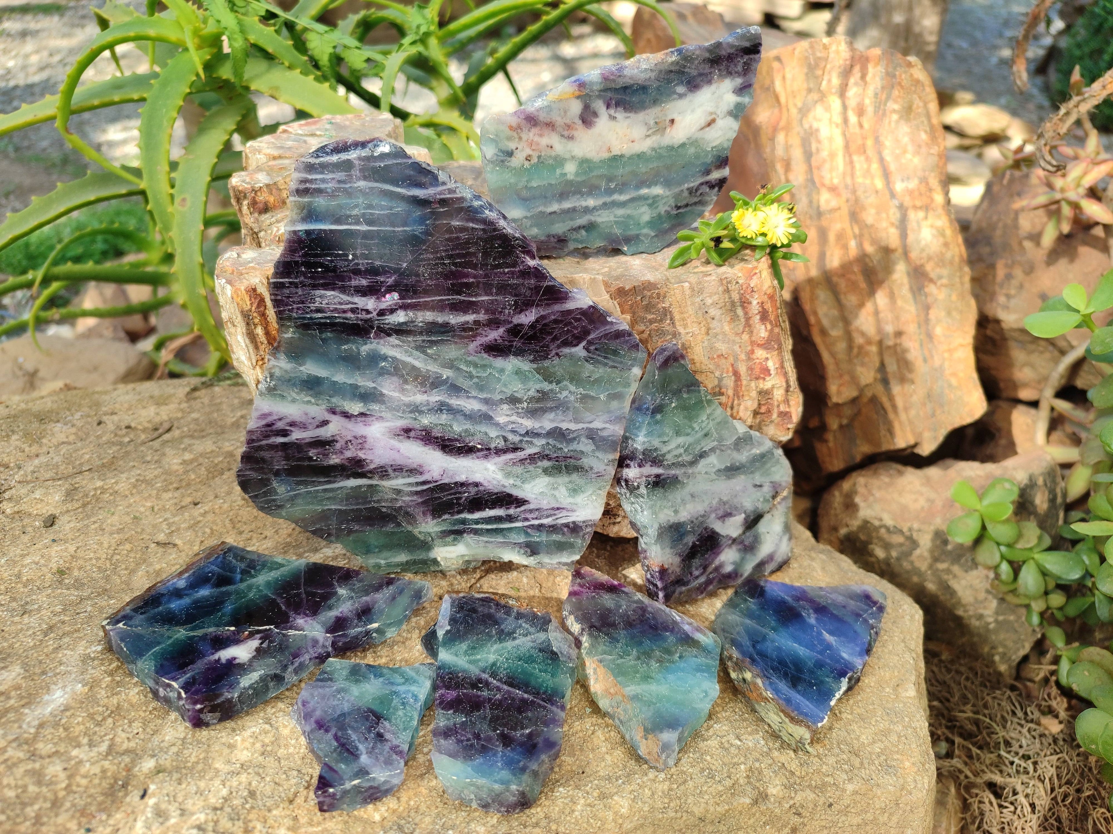 Polished Watermelon Fluorite Slices x 8 From Uis, Namibia - Toprock Gemstones and Minerals 