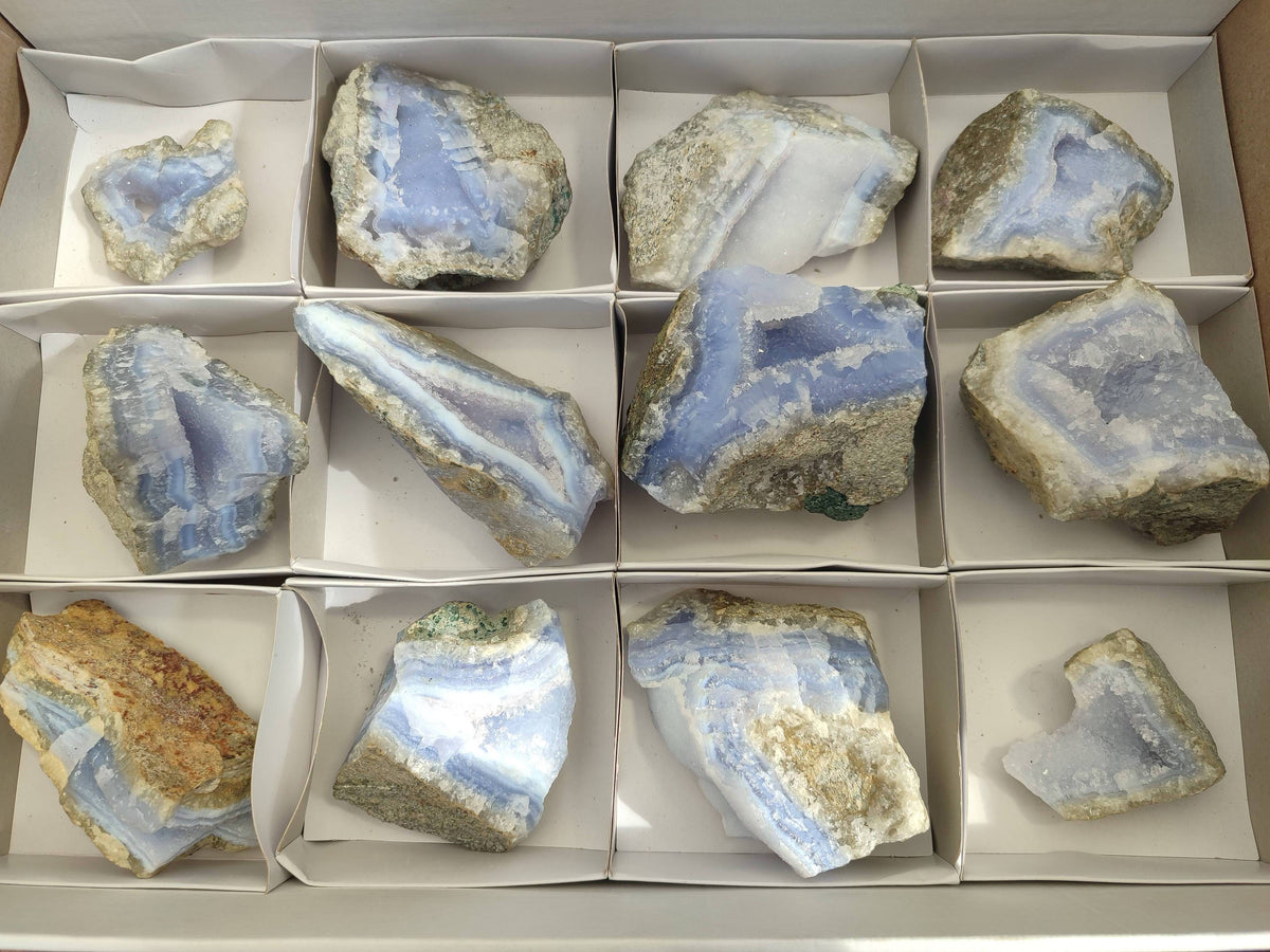 Natural Blue Lace Agate Geode Specimens x 12 From Malawi - Toprock Gemstones and Minerals 