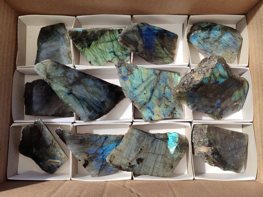 Polished On One Side Labradorite x 12 From Tulear, Madagascar - Toprock Gemstones and Minerals 
