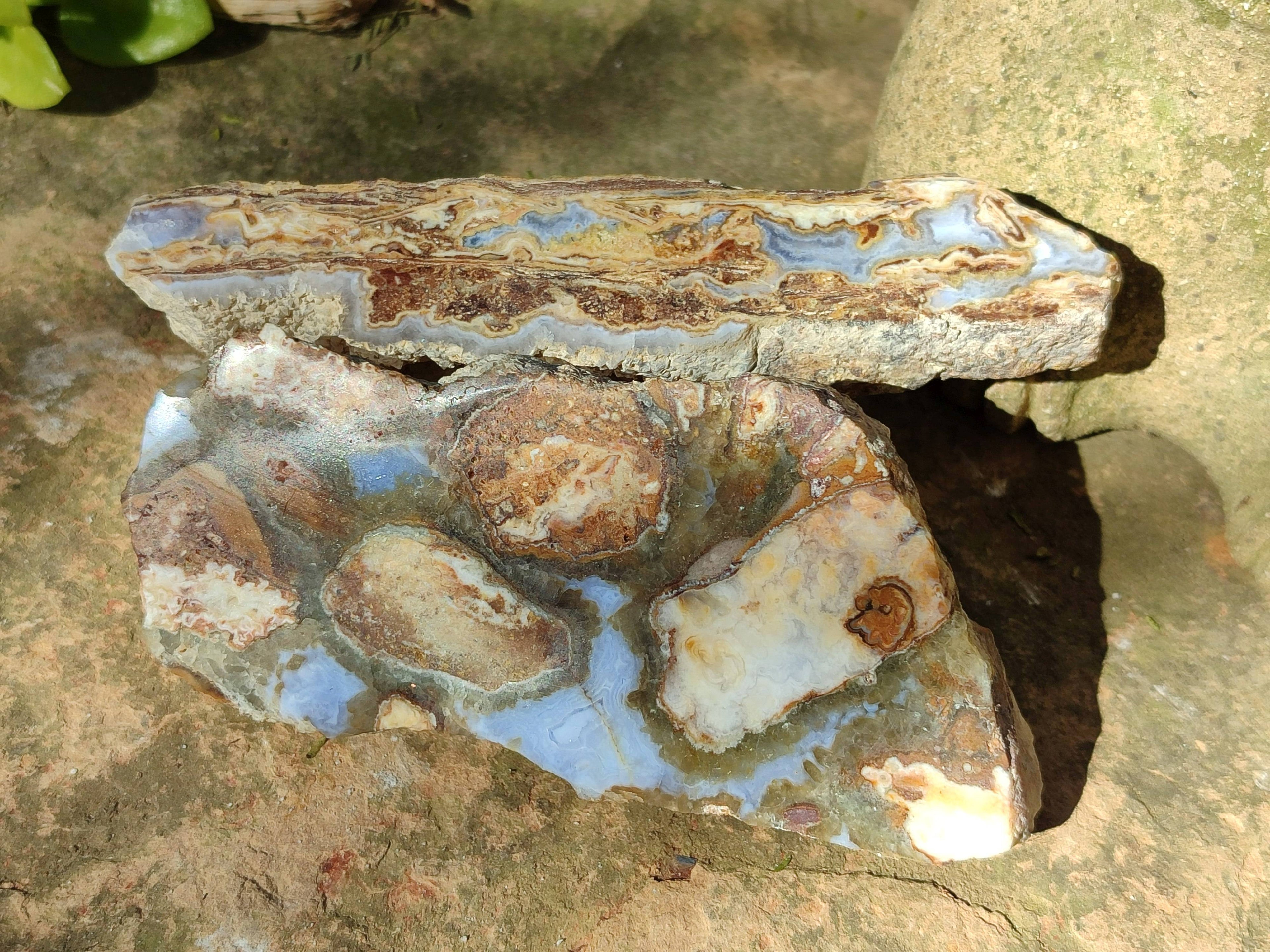 Polished On One Side 'Crazy' Blue Lace Agate x 7 From Namibia - Toprock Gemstones and Minerals 