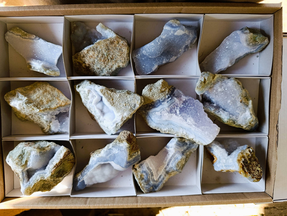 Natural Blue Lace Agate Geode Specimens x 12 From Malawi - Toprock Gemstones and Minerals 