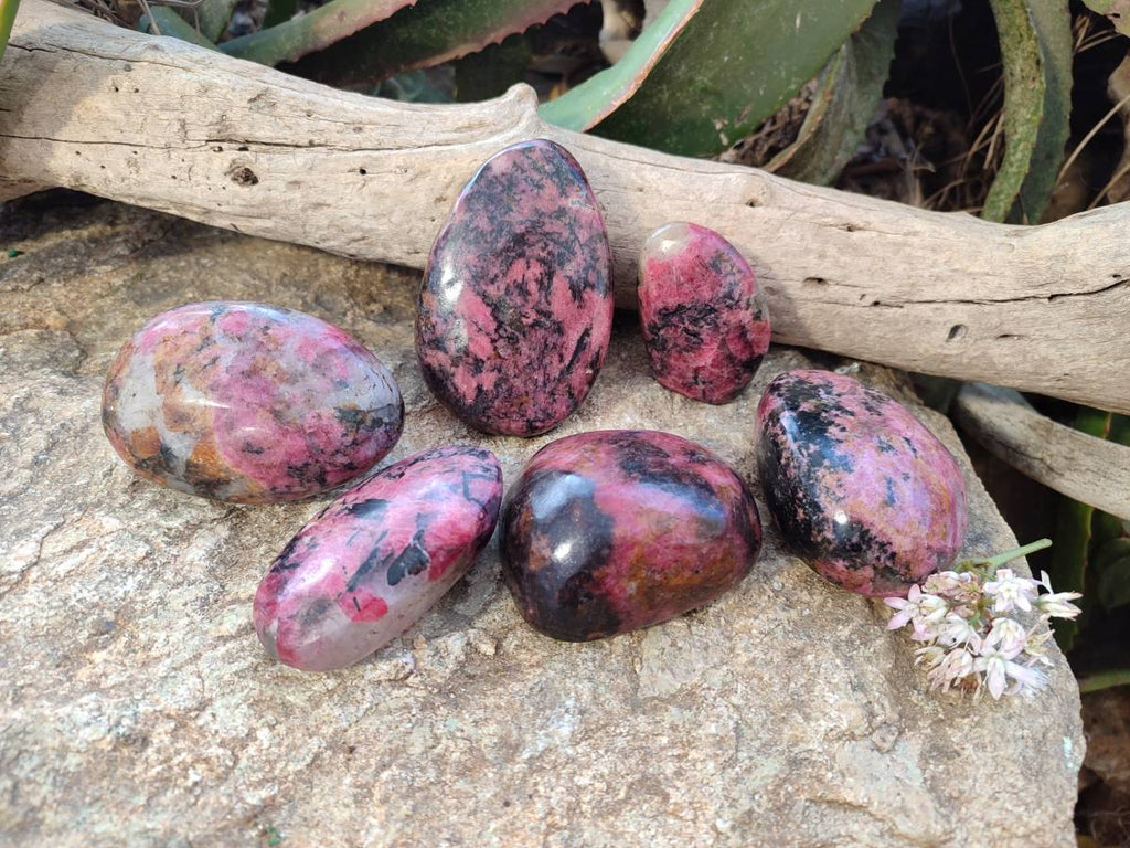 Polished Rhodonite Palm Stones x 6 From Rhusinga, Zimbabwe - Toprock Gemstones and Minerals 