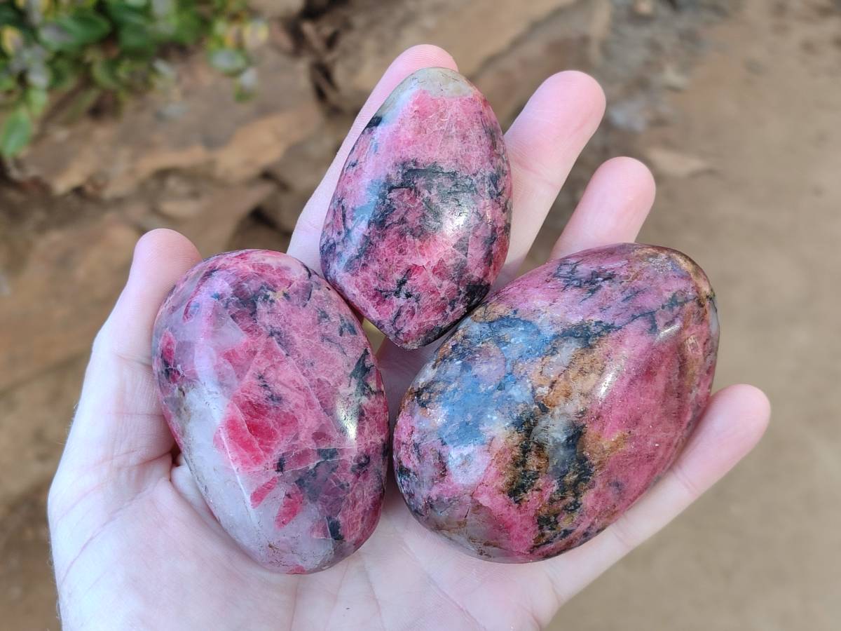 Polished Rhodonite Palm Stones x 6 From Rhusinga, Zimbabwe - Toprock Gemstones and Minerals 